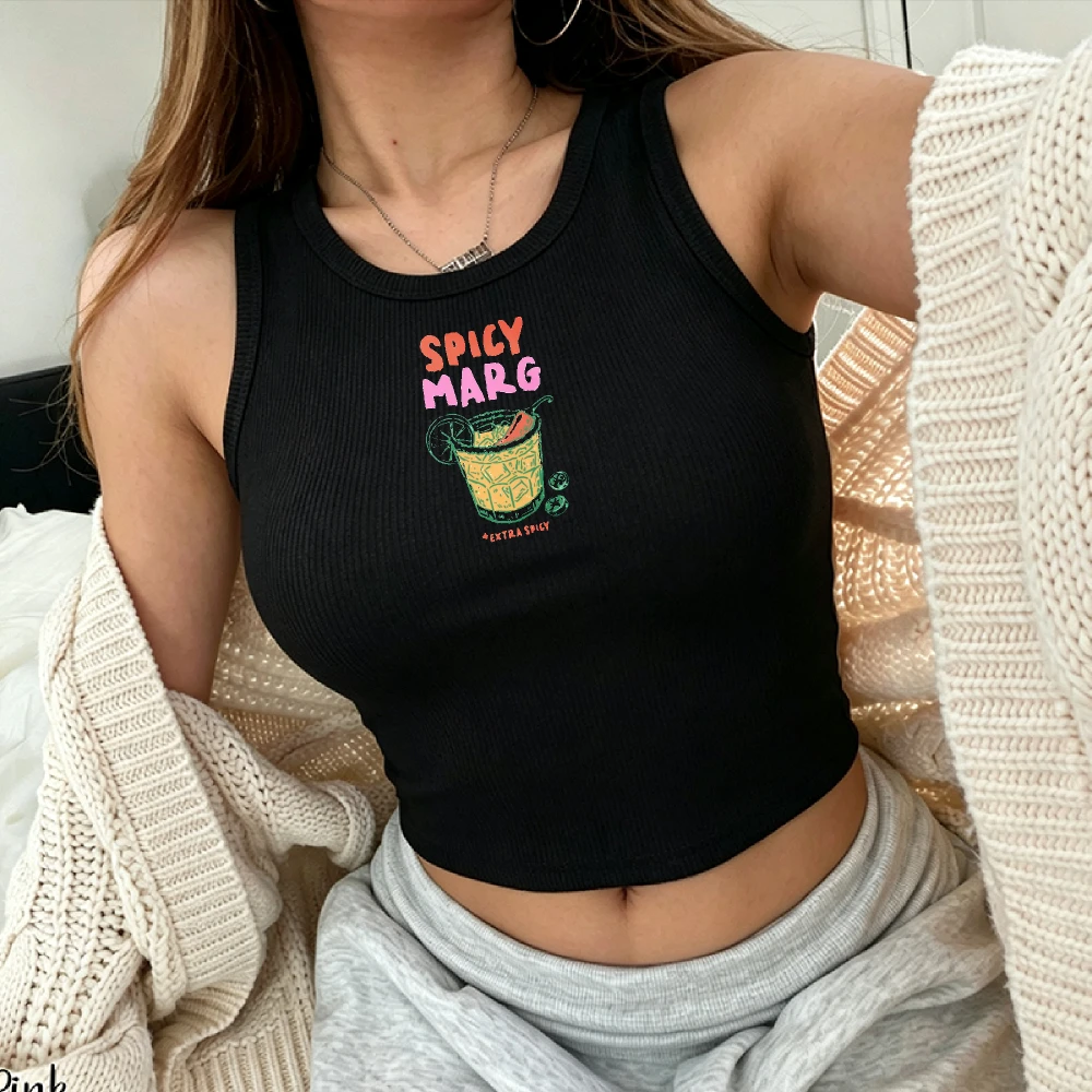 Y2k Ribbed Camisole Crop Top Spicy Marg Tank Top Fitted Black Chili Pepper Lemon Print Preppy Summer Beach Beach Vacation Tee
