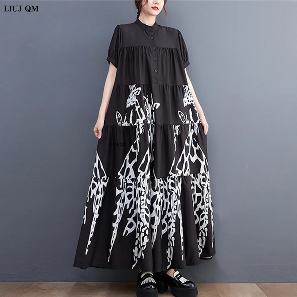 New Korean Style Woman Summer Graffiti Printed Long Black Large Shirt Dress Plus Size Loose Fit Tide Casual Robe Femme