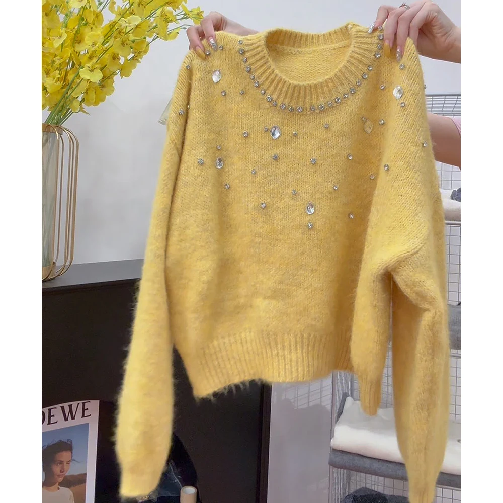 Women's Rhinestone Embellished Sweater Autumn Winter Round Neck Soft Warm Pullover Tops Ladies Fashion Knitted Sweaters