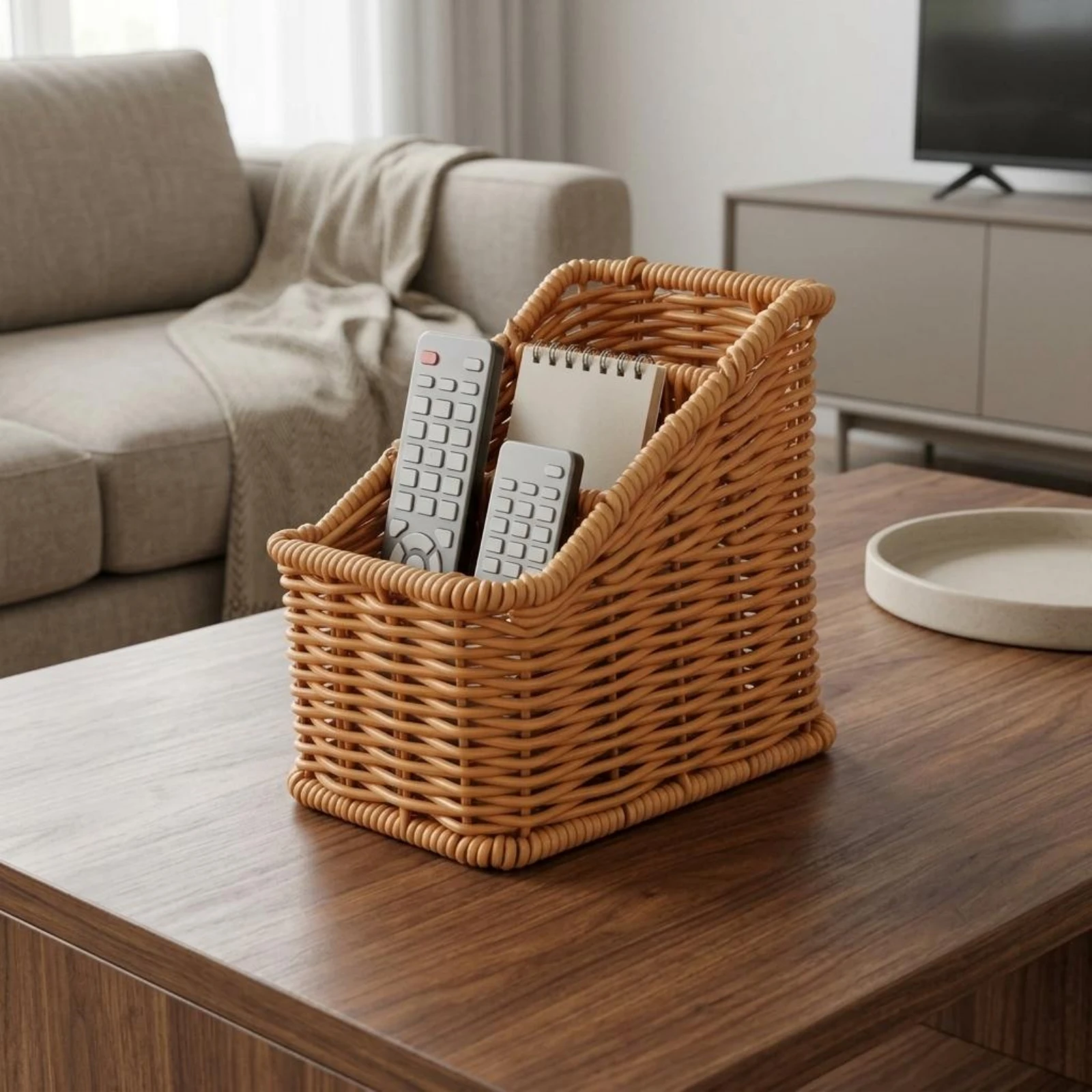 Desktop Storage Basket Handwoven Woven Desktop Basket Slanted Uncovered Top Compact for Kitchen