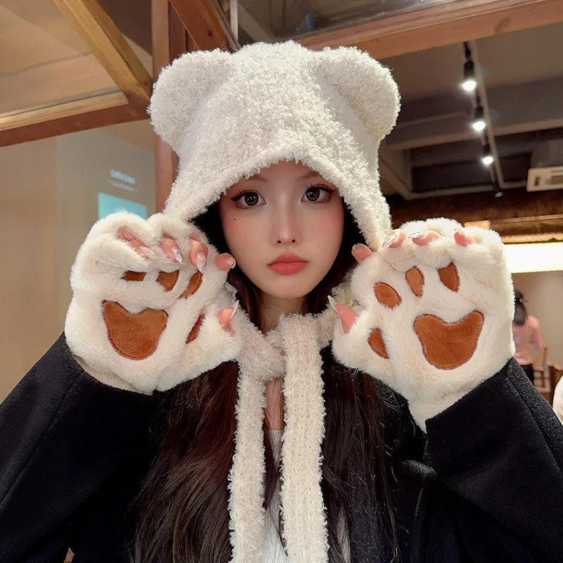 

Cartoon Cat Claw Gloves Women Thicken Fingerless Plush Bears Warm Cute Thick Fleece Bear Paw Fingers Half Finger Winter Gloves