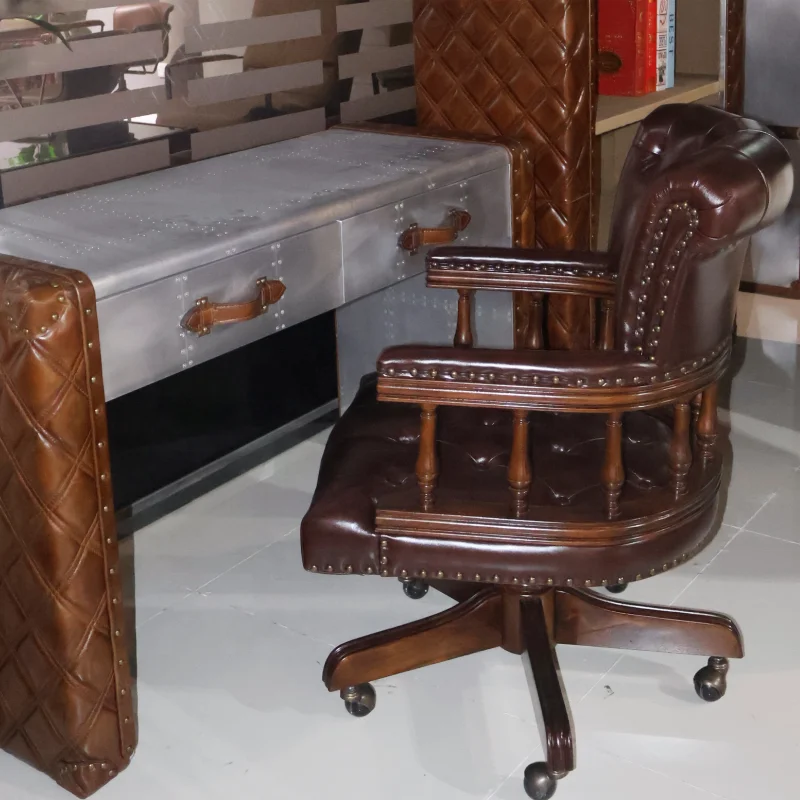 Full button brown leather captain's bench, wooden legs, swivel home office chair, accent armchair