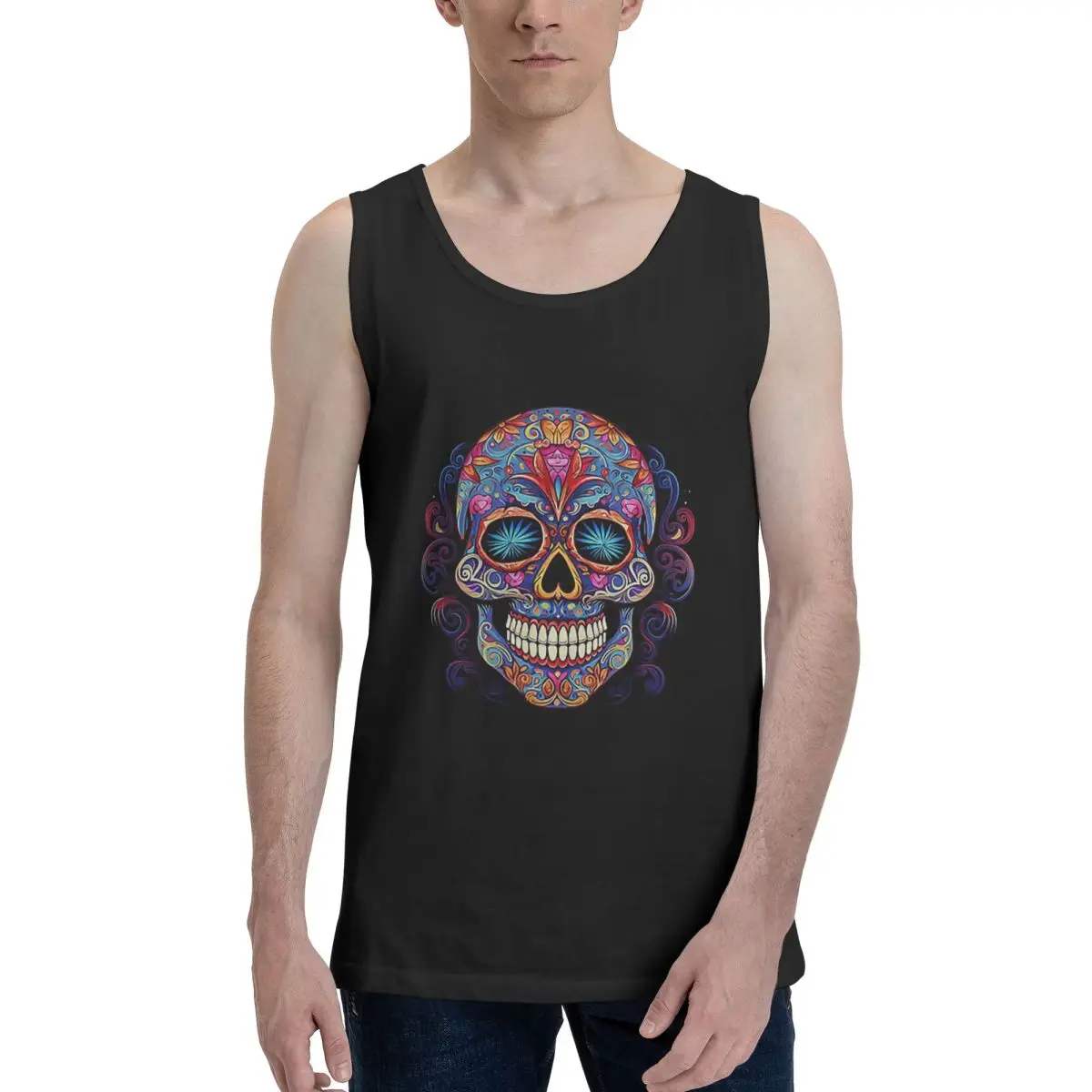Mexican Sugar Skull Day Of The Dead Sugar Skull 100% Cotton Men's Sweatshirt Vest Sleeveless Clothing Tees Men Tank Tops T-shirt