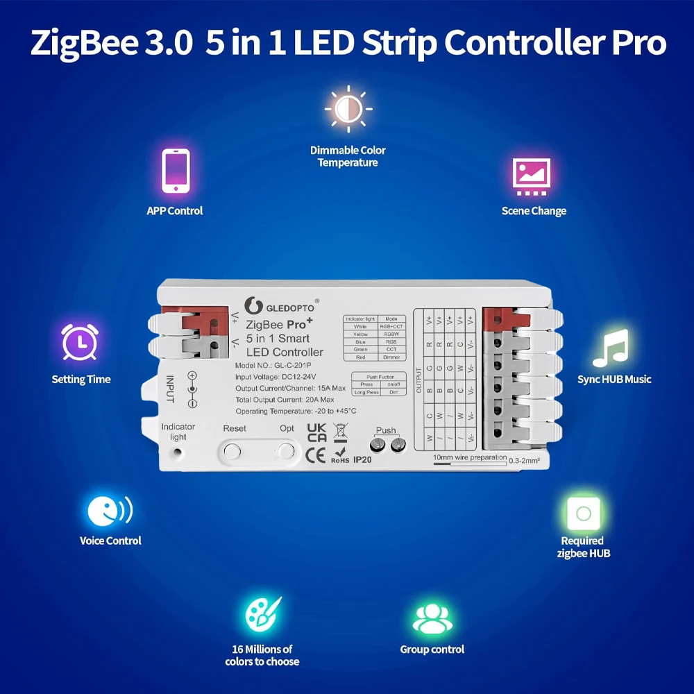 Smart ZigBee 3.0 LED Controller 5 in 1 12V 24V 20A Require ZigBee Hub Bridge for RGBWW RGBW RGB CCT COB LED Strip Light Fr Alexa
