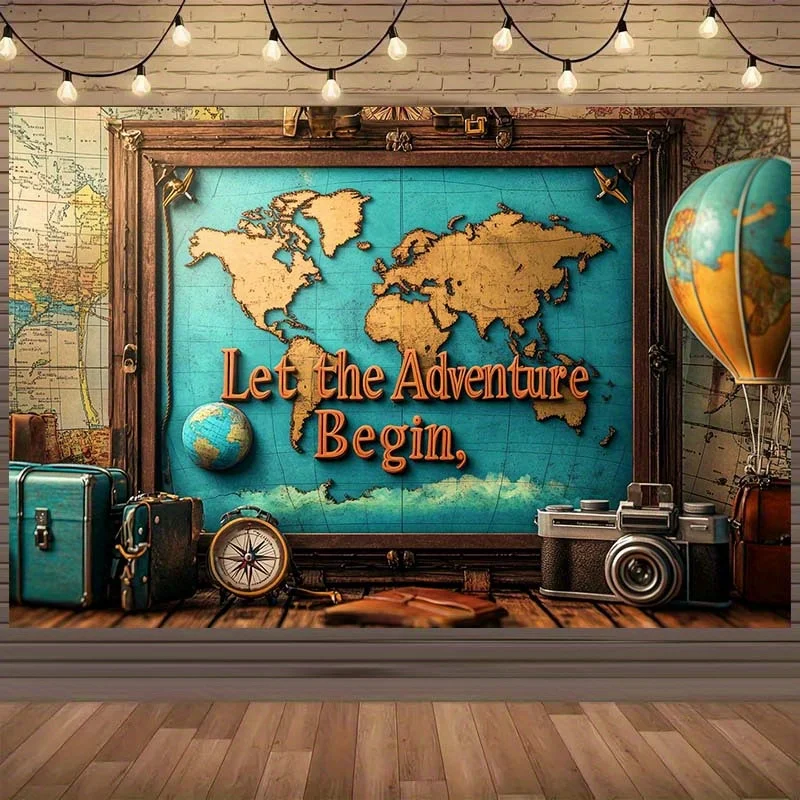 1 шт. винтажный фон с картой мира и текстом «Let The Adventure Begin» — декоративный декор для вечеринки в путешествиях с чемоданом и воздушным шаром