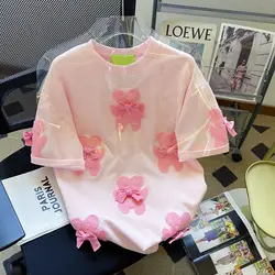 2025 Summer Embroidered Bear 3D Bow Short Sleeve T-Shirt Women Korean Cute Tee Kawaii Clothes Oversized Casual T Shirts Y2k Tops