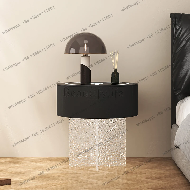 Nordic Smart Three-color Lamp Bedside Table Italian Creative Acrylic Texture Nightstands Minimalist Wooden Home Furniture FYNS