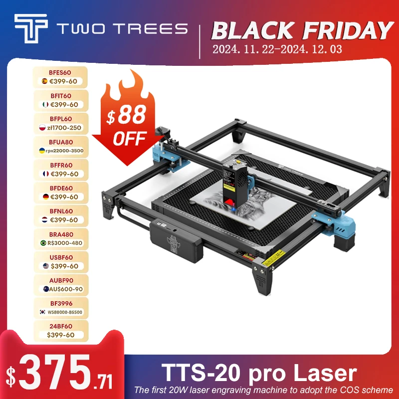 TWO TREES TTS pro 20W Desktop Home Use Industrial Grade FAC+SAC Beam Laser 418*418mm Work Area portable laser engraving machine