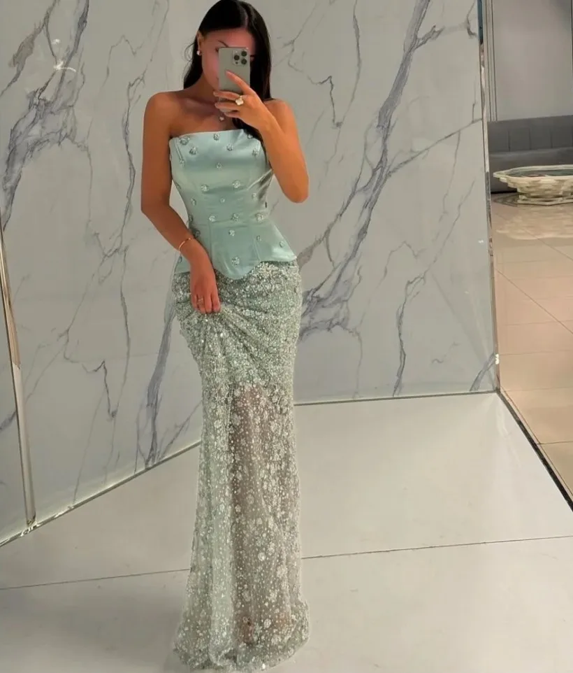 

Элегантные платья для выпускного вечера из двух частей Sage 2022, без бретелек, с блестками и бусинами, атласные вечерние платья Robe De Soiree