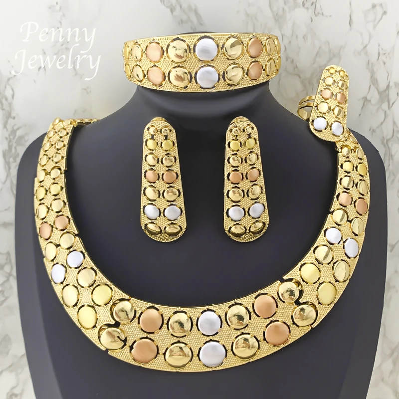 Carved Textured Round Collar Necklace Drop Earrings Bracelet Ring Choker Gold Plated Jewelry Set Bridal Wedding Party Gifts