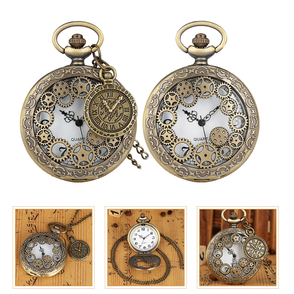 

2pcs Roman Dial Accessories Pocket Watch Necklace Classic Hanging Watch Vintage Gear Alloy Durable Lightweight Precise