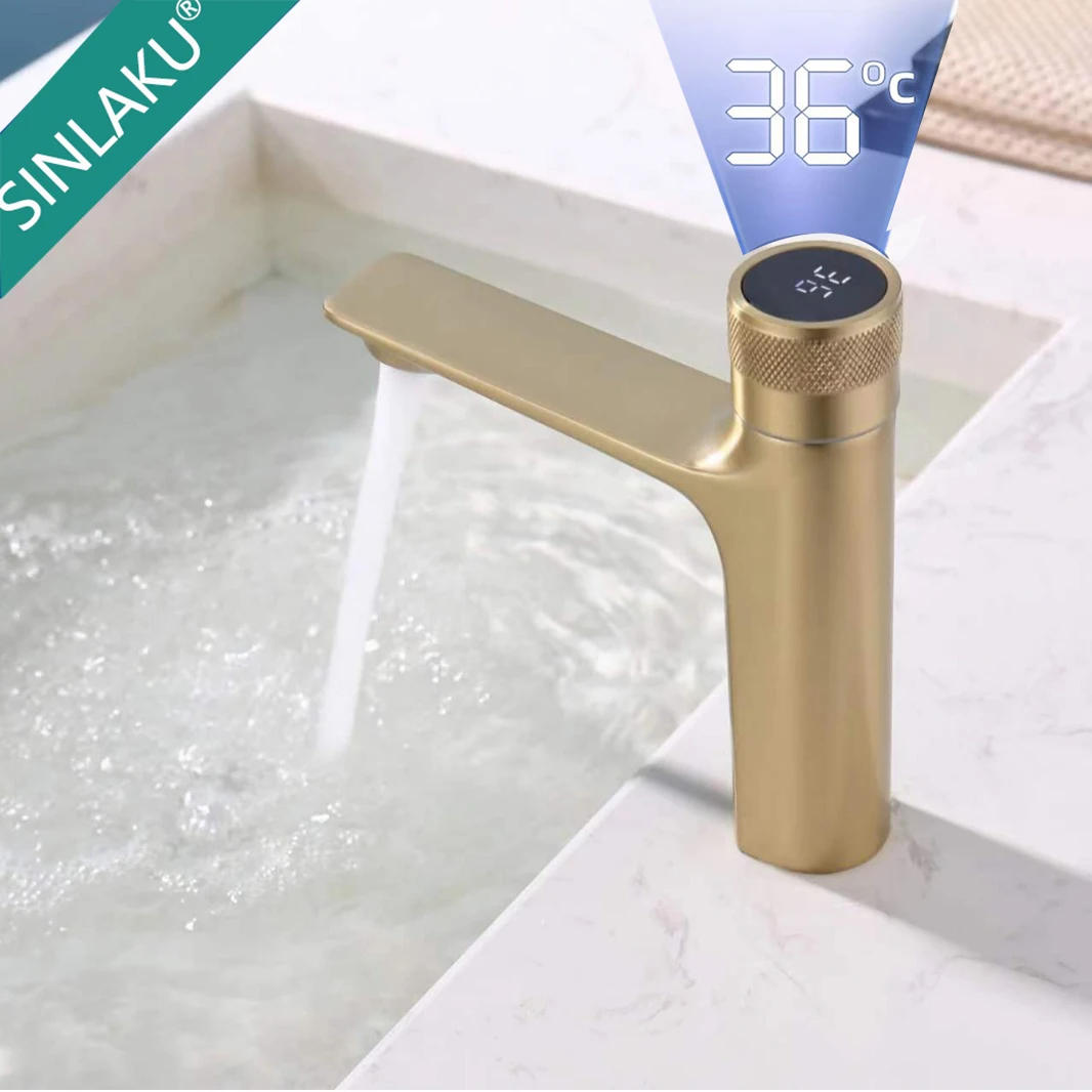 SINLAKU Digital Display Bathroom Faucet Hot Cold Water Mixer Tap Brushed Gold Basin Sink Faucet for Vanity Sink Basin Taps