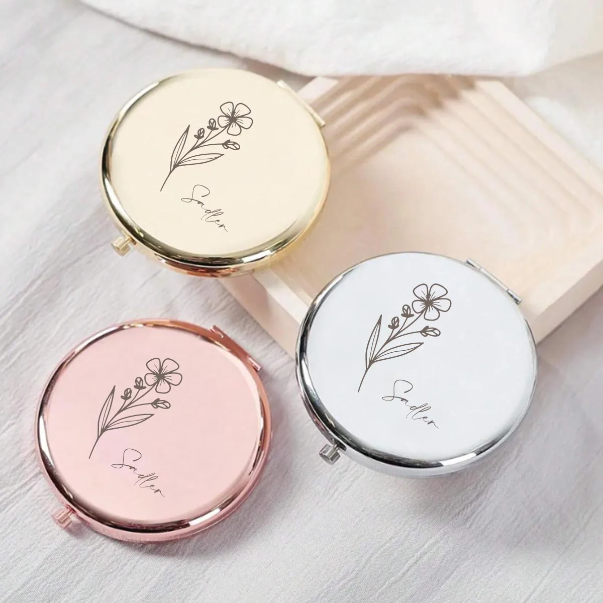 1pc Colorful flower Customized Name Fold Mirror Round Circle Mirror Pocket Mirror Makeup Mirror Wedding Guest Gifts