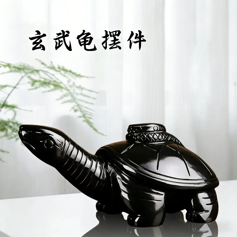 Natural obsidian basalt turtle ornament, snake-turtle for home protection, wealth attraction, and good fortune, office entrance