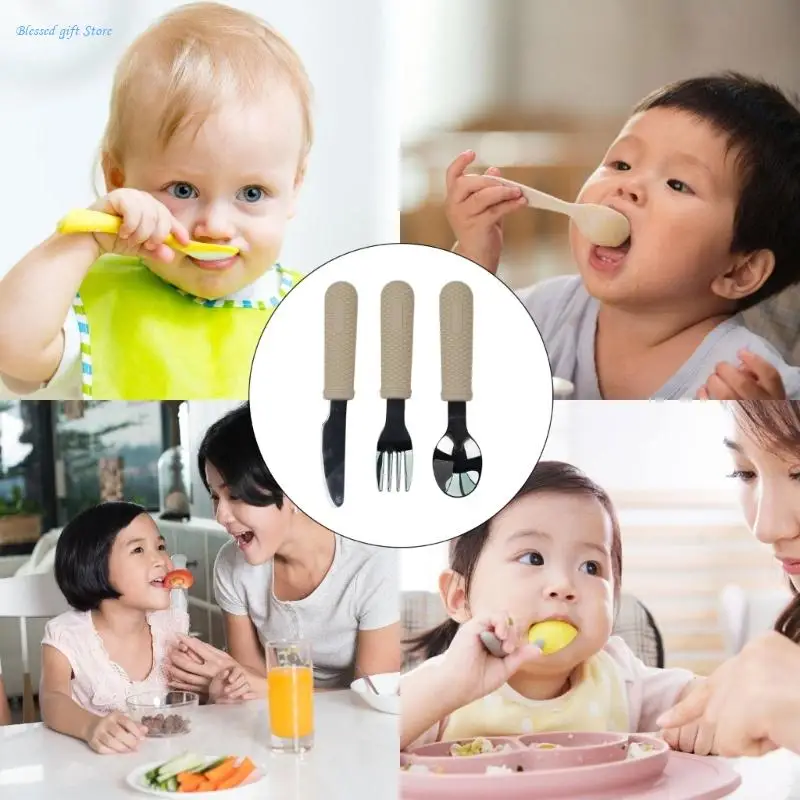 Baby Feeding Set Stainless Steel Cutlery with Soft Silicone Handles Ergonomical Baby Spoon & Fork set for Toddlers