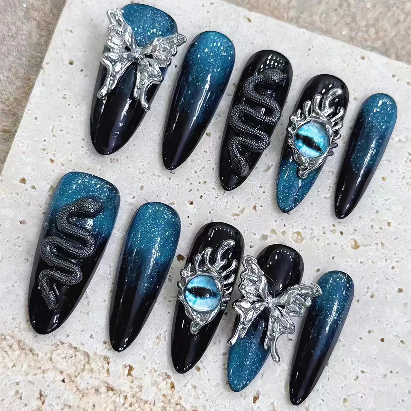 

Dark Black Style False Nails Long Stiletto Handmade 3D Snake Metal Butterfly Press On Nail Punk Cool Style Fake Nail Tips