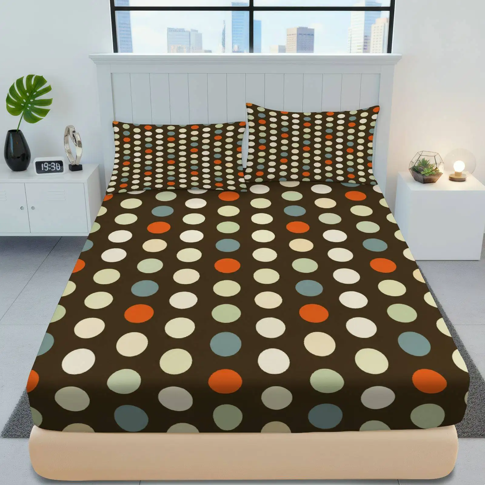 Autumn Polka Dot Bedding Set Three-Piece Thanksgiving Theme Mattress Protector Three-Piece Bedding Set (Includes 1 Fitted Sheet + 2 Pillowcases) 3-Piece Set, Large Capacity Deep Pocket 2D Printed Fitted Sheet and 2 Pillowcases Bedding Mattress Protector Fitted Elastic Style Protector Mattress Protector, Suitable for All Seasons, Machine Washable Design, Holiday Decoration, Various Sizes, Breathable Protector with Pillowcases
