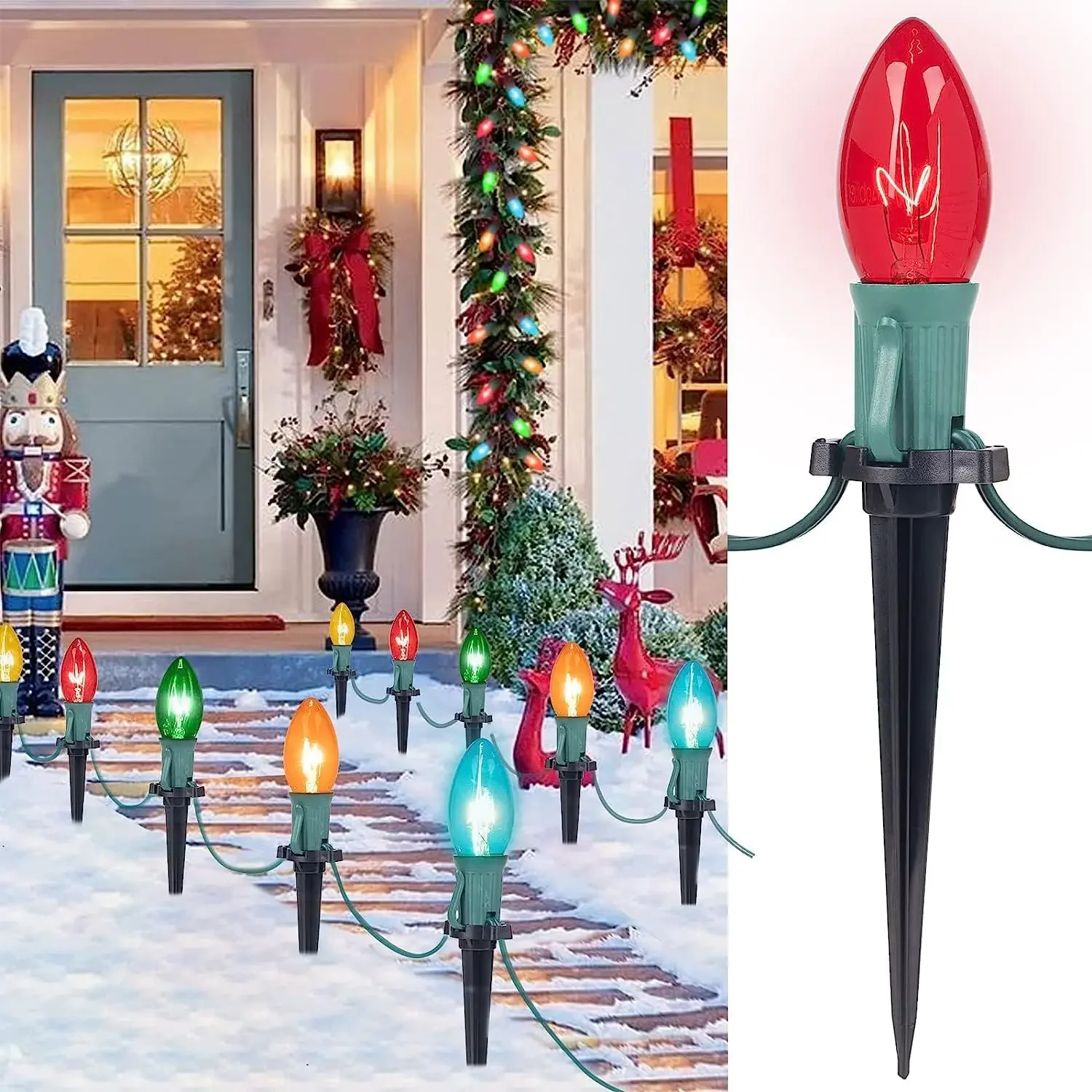 Driveway Christmas Lights with 80 Multicolor Bulbs and Stakes, Connectable Outdoor Christmas Decorations Yard Walkway Sidewalk H