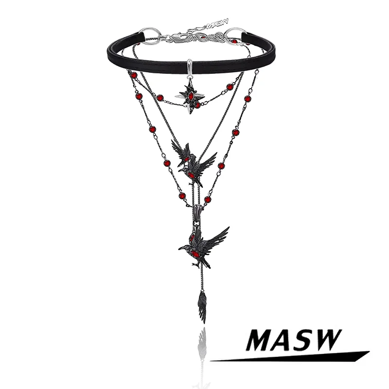 

MASW Original Design Hiphop Cool Hot Girl Style Red Crystal Black Bird Necklace For Women Party Gift Modern Jewelry Accessories