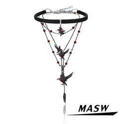 MASW Original Design Hiphop Cool Hot Girl Style Red Crystal Black Bird Necklace For Women Party Gift Modern Jewelry Accessories