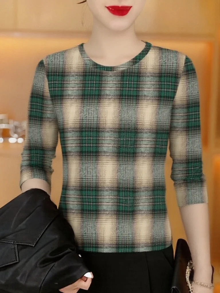 

Elegant Plaid Long Sleeve round Neck Top Women's Mom Style Fashionable Youthful Slimming Versatile Outdoor Wear Polyester Fiber