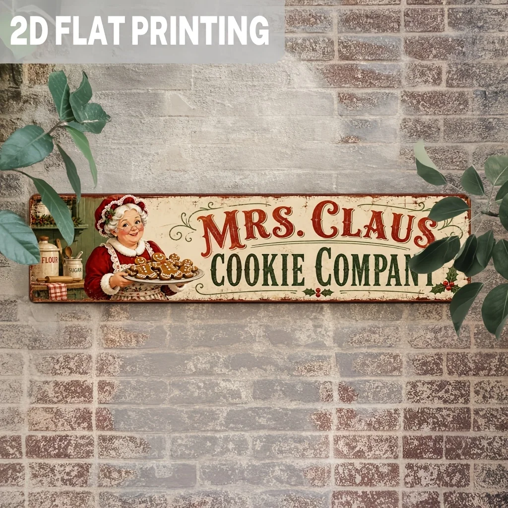 1pc Vintage Mrs. Claus Cookie Company Metal Sign, Christmas Theme Wall Decor for Kitchen, Cafe, Bakery, Holiday Party