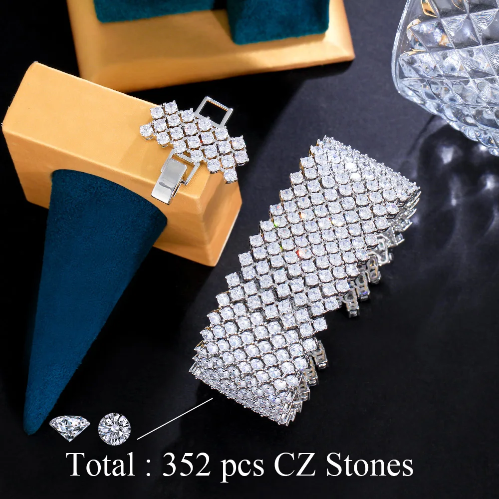 CWWZircons 352pcs Round Cubic Zirconia Paved Chunky Statement Big Wide Luxury Tennis Bracelets for Wedding Bridal Jewelry CB313