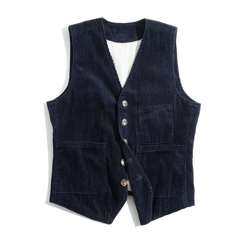 2024 New Men's Spring and Autumn Corduroy Vest Pocket Design Vest Top Solid Color Single Breasted Men's Vest