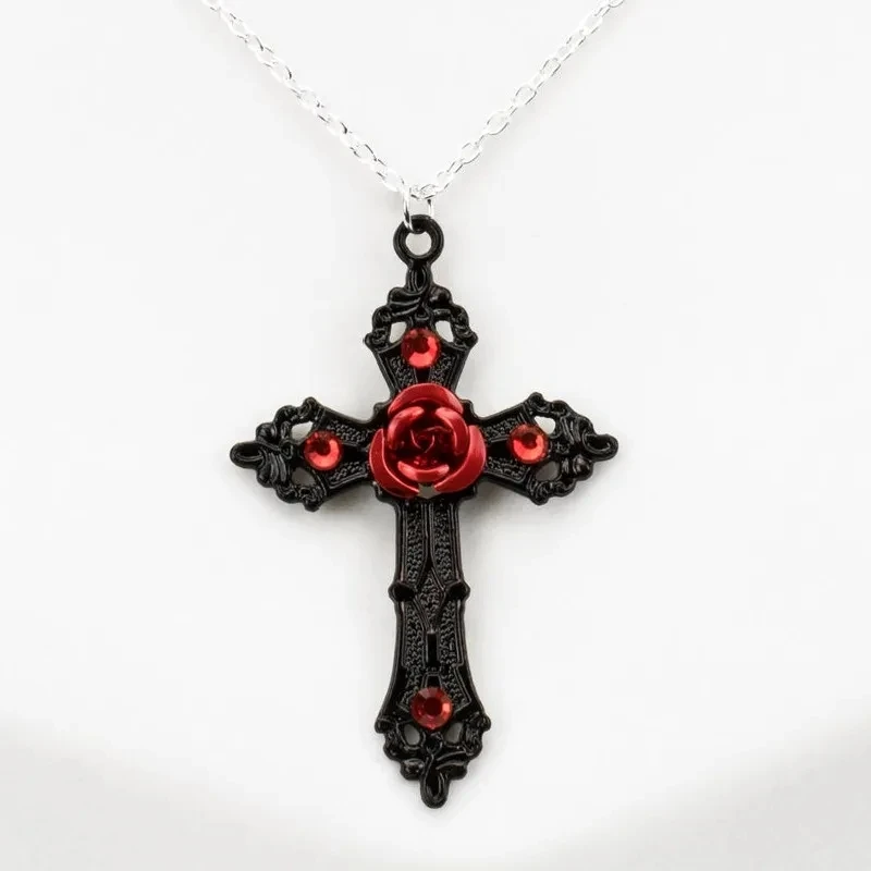 Gothic Black Cross Necklace with Red Rose Goth Jewelery Statement Charm Cross Pendant Gift Romantic Valentine Victorian Women