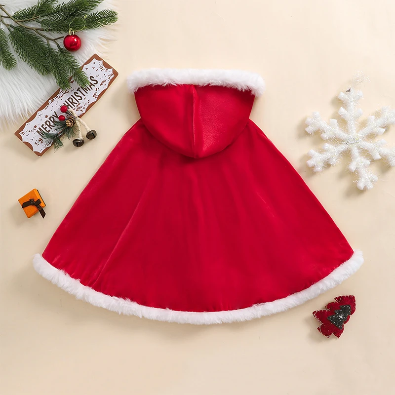 Christmas Red Velvet Cloak for Girls Contrast Color Fuzzy Trim Hooded Cape Cosplay Costume