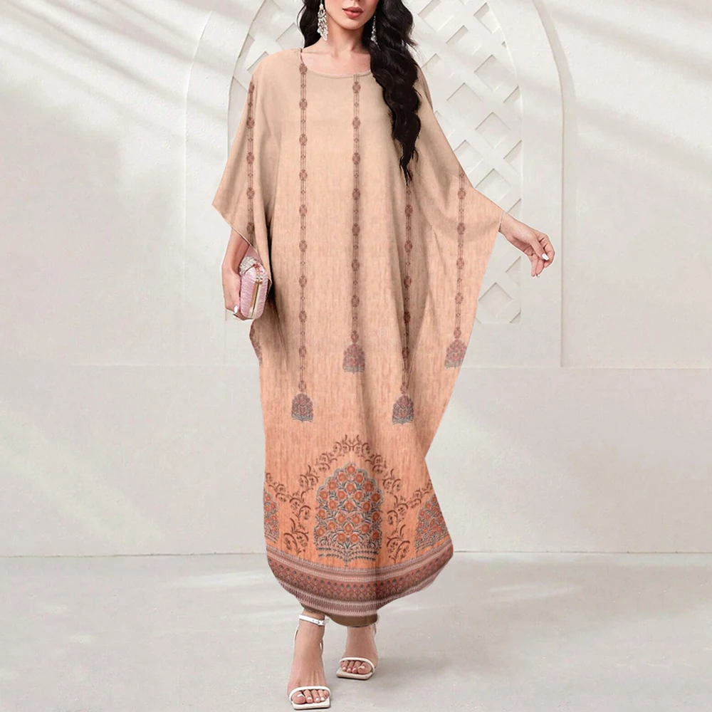 Elegant And Beautiful Moslem Women's Dresses Printing Batwing Sleeve Robe Long Dresses Reach The Ground Islamic Robe Dresses