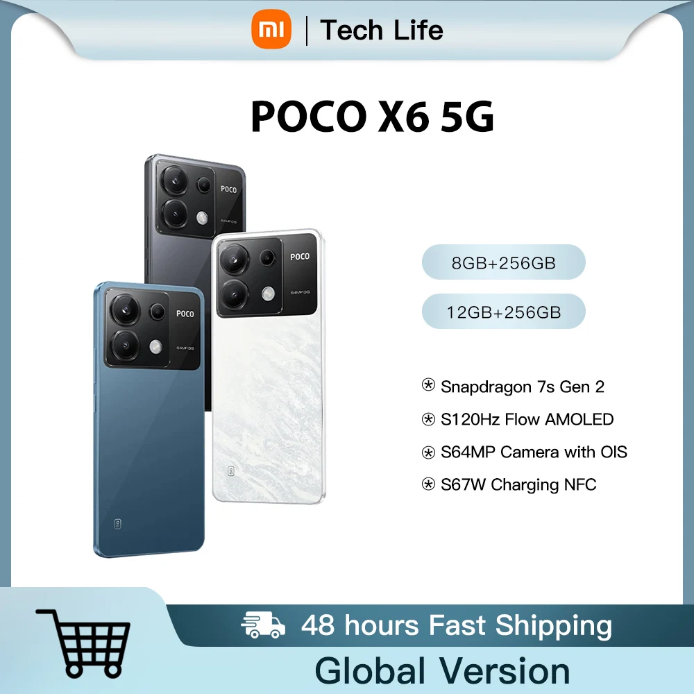 글로벌 버전 POCO X6 5G NFC 스냅드래곤 7s 2 세대 스마트폰, 120Hz 플로우 AMOLED 디스플레이, 64MP 카메라, OIS 67W 충전, 5100mAh