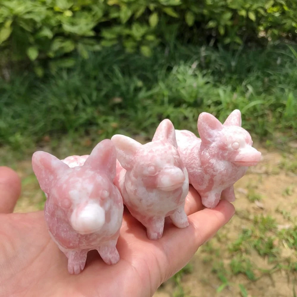 Pink Opal Cute Corgi Dog Animal Sculpture Natural Gemstone Healing Energy Ornament Home Table Decor Souvenir Gift