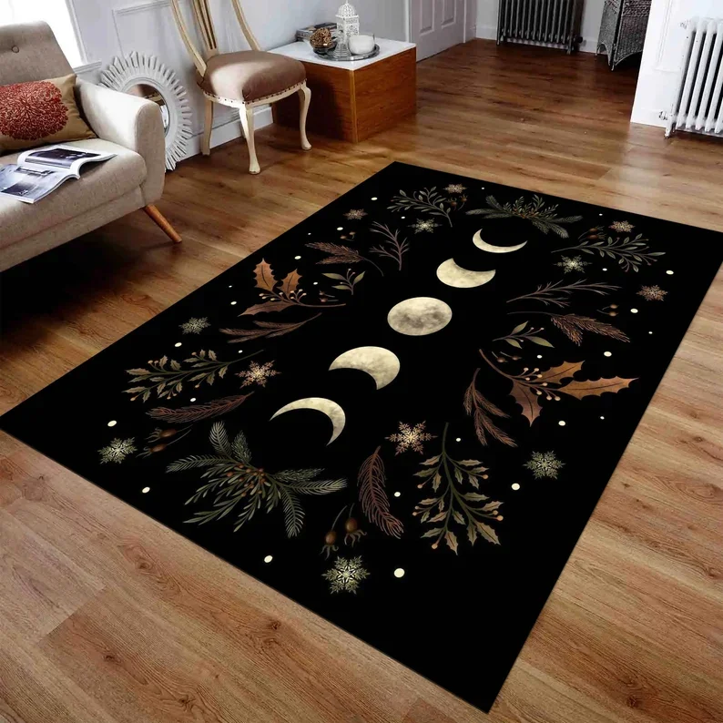 Floral Moon Rug Nature-Inspired Decorative Rug Washable Non-Slip Rug Vibrant Floral Rug Indoor-Outdoor Home Decor Rug Large