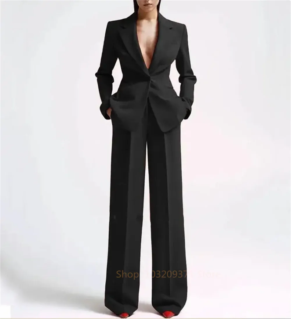 2024 Single Button Blazer+Wide Leg Pants Suit Sets For Women Solid V Neck Loose Casual Female Pantsuit conjunto femininos