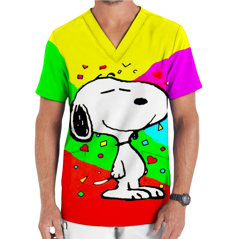 Snoopy new hospital nursing workwear surgical shirt medical frosted top men's short sleeved V-neck pocket uniform frosted