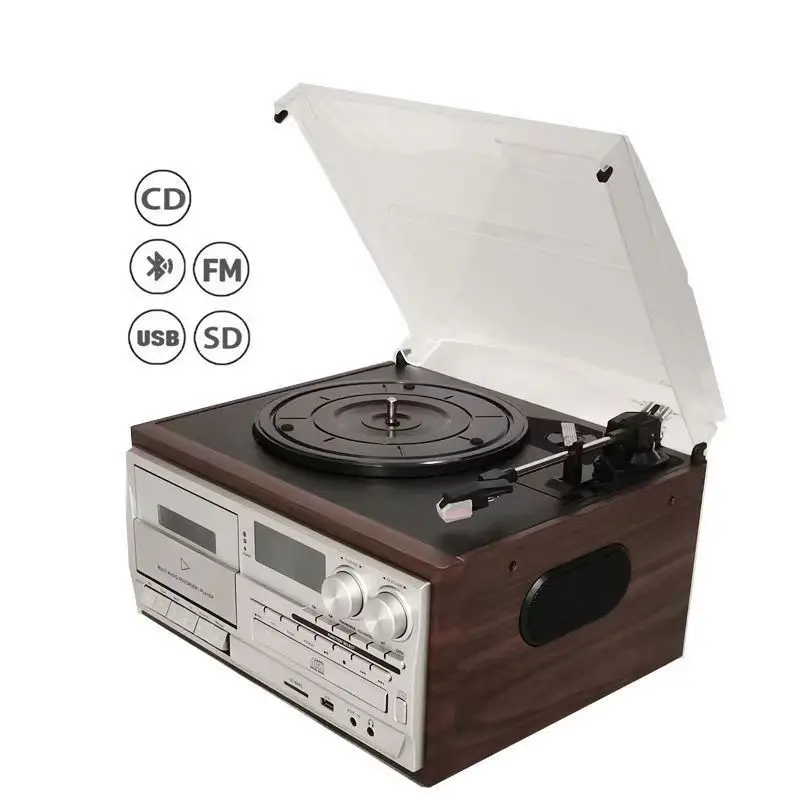 Classic Retro BT Turntable Multifunctional 10-in-1 USB Vinyl Disc Cassette Player Tape FM/AM Gramophone