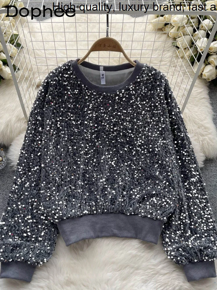 Embroidery Sequins Heavy Design Fashion Pullover Women Autumn Winter New Luxury High Sense Black Paillette Sweater Top