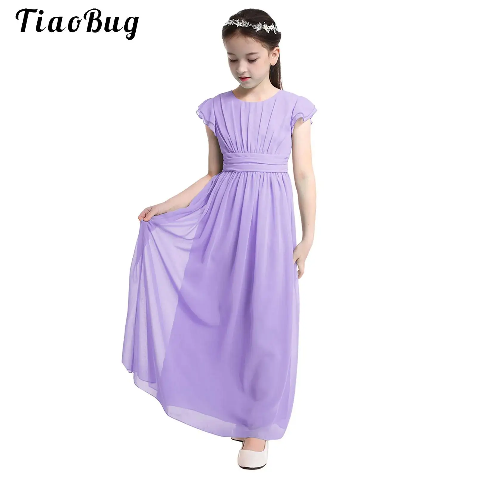 Kids Flower Girls Dress Chiffon Flutter Sleeves Wedding Bridesmaid Pageant Long Dress Elegant Princess Prom Party Maxi Gowns