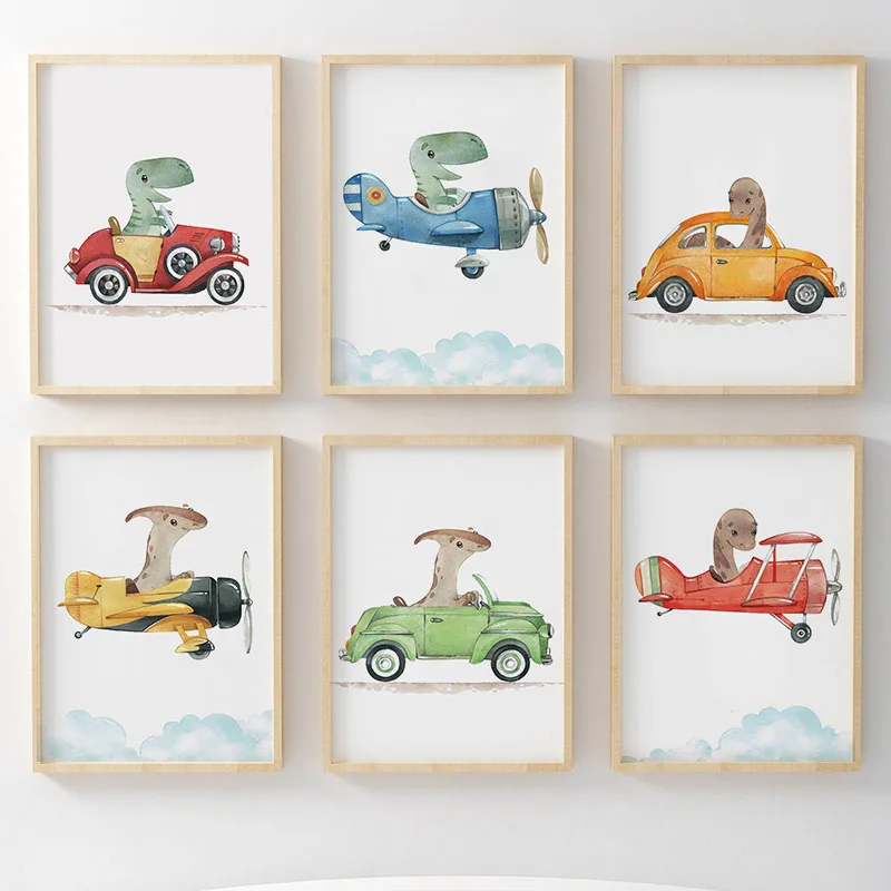 Cartoon Dinosaur Airplane Car Racing Car Poster Canvas Painting Posters Prints Dino Animal Nursery Wall Art Baby Kids Room Decor
