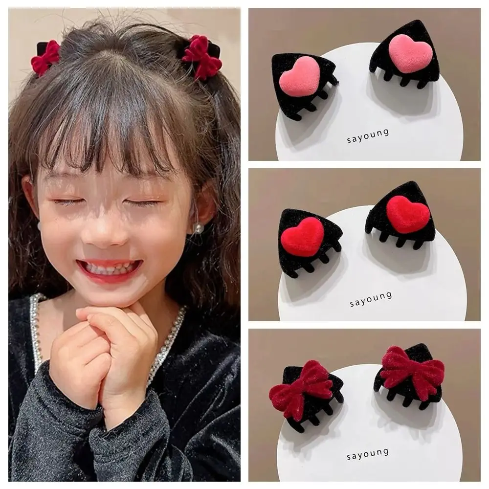 Pince à cheveux en velours pour enfants, épingle à cheveux en forme d'oreille de chat, nœud floqué, petite griffe de dessin animé, mode