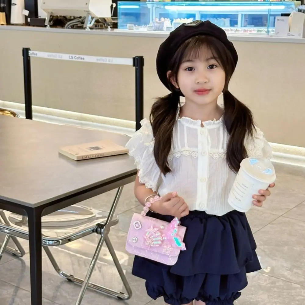 Sweet Polyester Kids Shoulder Bag Square Metal Chain Strap Chain Crossbody Purse Pearl Little Girl Mini Bag Kindergarten