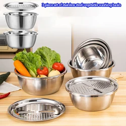 3-Piece Stainless Steel Multifunctional Strainer, and Mixing Bowl for Washing and Slicing Fruits, Vegetables