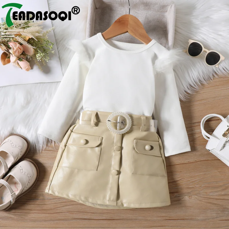 

2-7Y Kids Girls Autumn Clothes Set Soft Fur Splicing Shoulder Long Sleeve Blouse Top+PU Leather Short Skirt with Beads+Belt