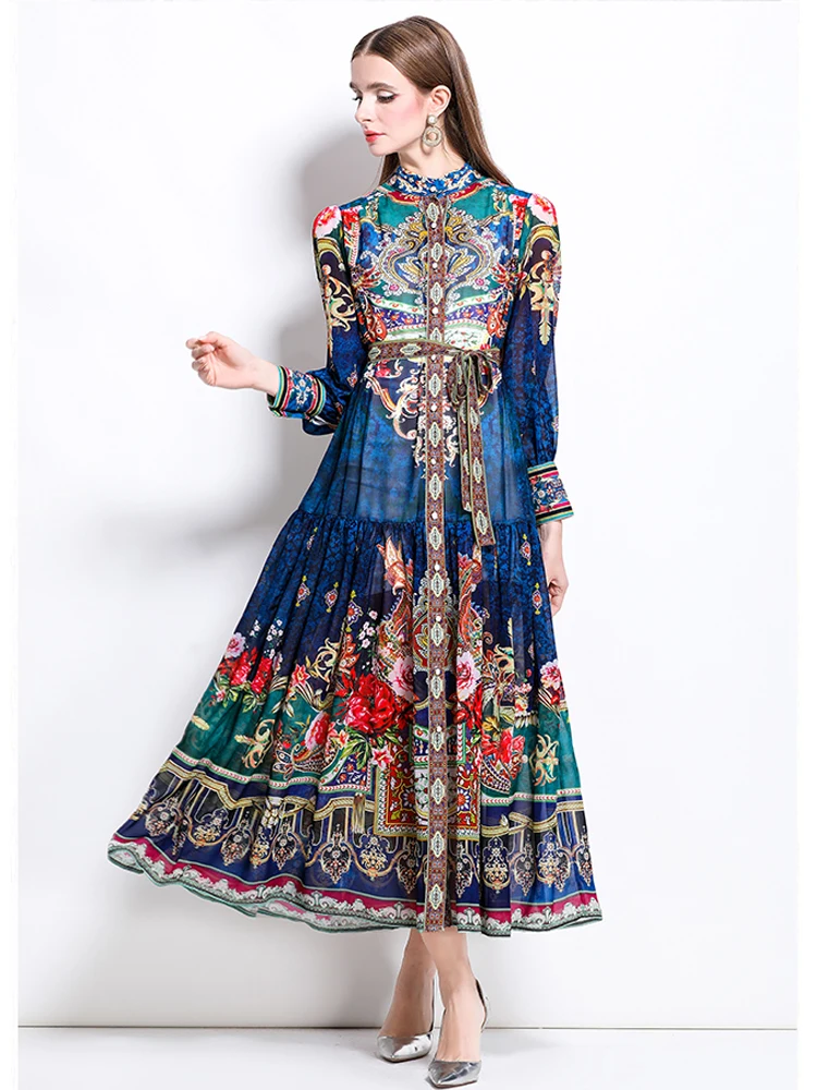 ZAROY Luxury Party A-line Chiffon Dress Vintage Baroque Print Elegant Lantern Sleeve Long Dress Fashion Boho Belt Beach Vestidos
