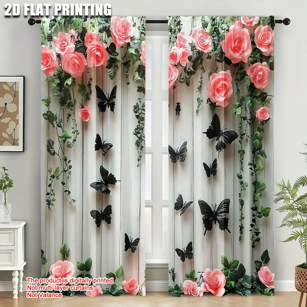 2pcs, Curtain Fabric 2D print Butterflies and pink roses Versatile Durable Polyester (without rod) Decorations For Home Use for