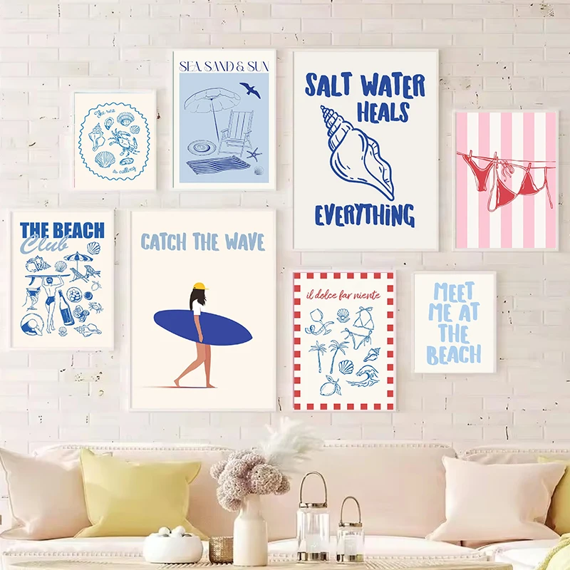 Seashells Meet Me At The Beach Poster Prints Summer Sea Bikini Coastal Quotes Canvas Painting Trendy Wall Art Room Home Decor