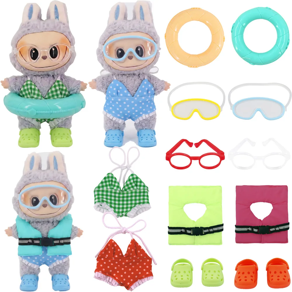 For Labubu Doll Cute Swimsuit Swim Ring Diving Mask Life Jacket Sandals For 17CM Doll Accessories Clothes,Girl Gifts DIY Toys