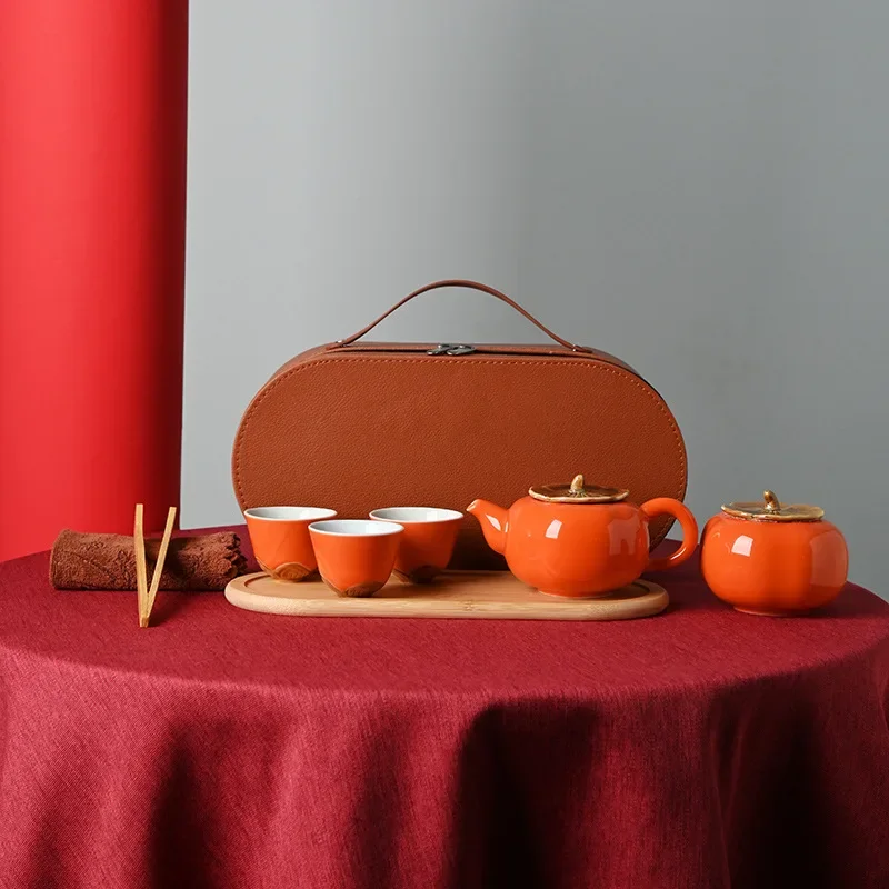 Chinese tea set persimmon set ceramic travel bag with tea tray Business gifts Quick cup gift tea set