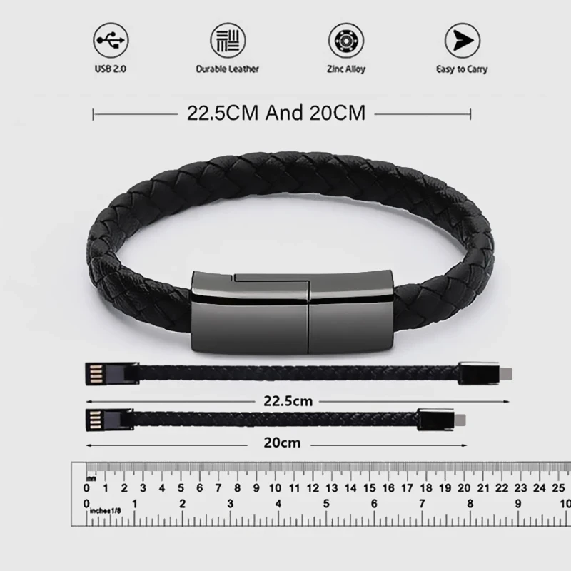 USB Charging Bracelet Cable Fashion Double Braided Wrist Data Charger Cord For IPhone Type-c Micro Mobile Phone